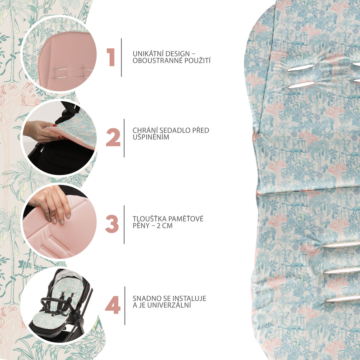 Vložka do kočárku z paměťové pěny Comfort, Jungle Pink