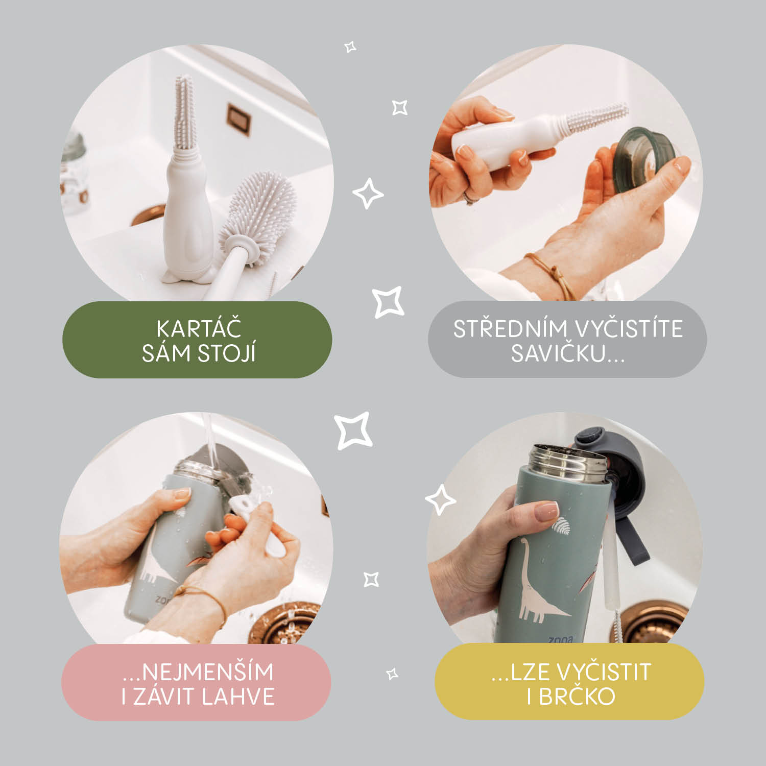 Silikonový kartáč na dětskou lahev 3v1, Light Grey