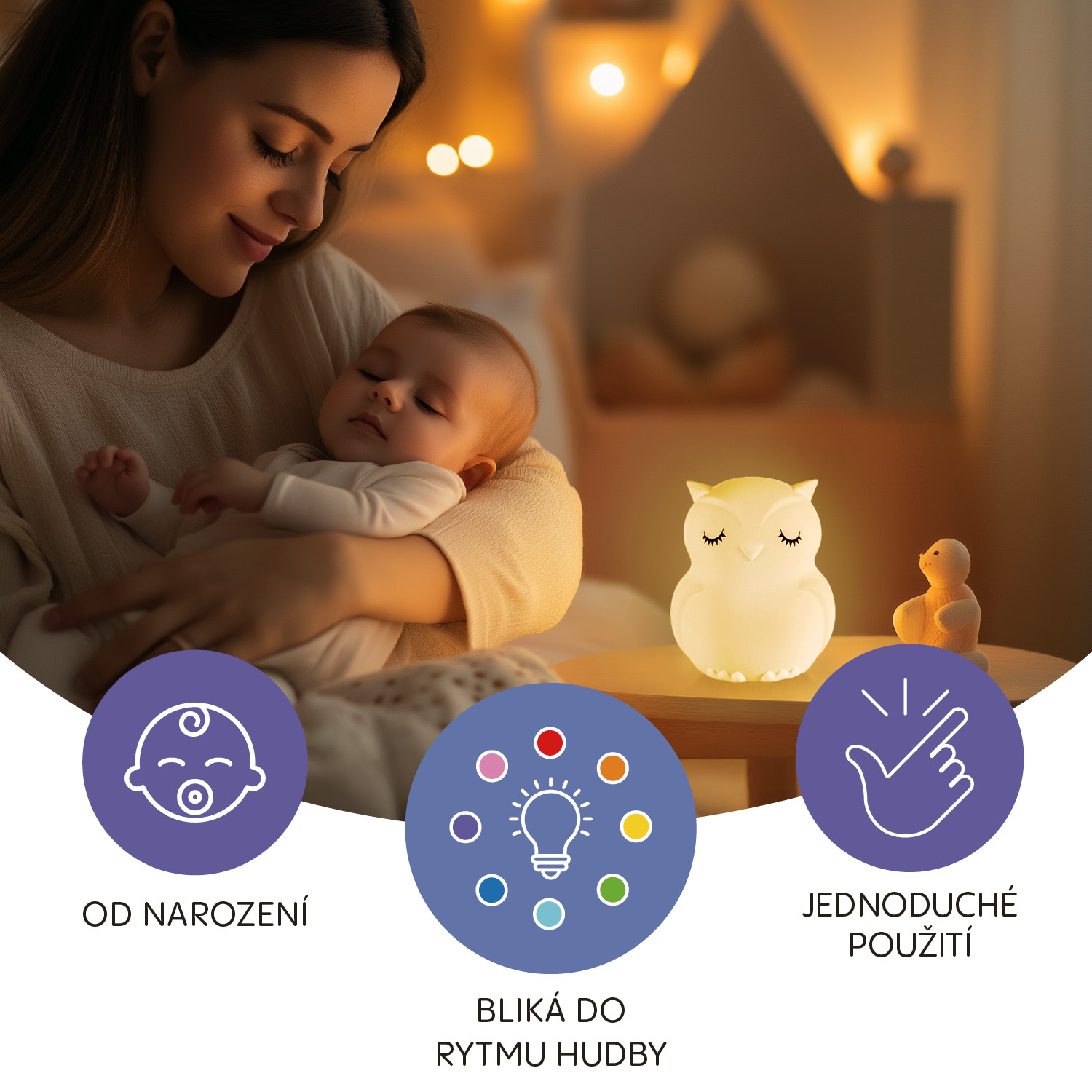 Silikonová LED noční lampička s hudbou vel. L, Owl
