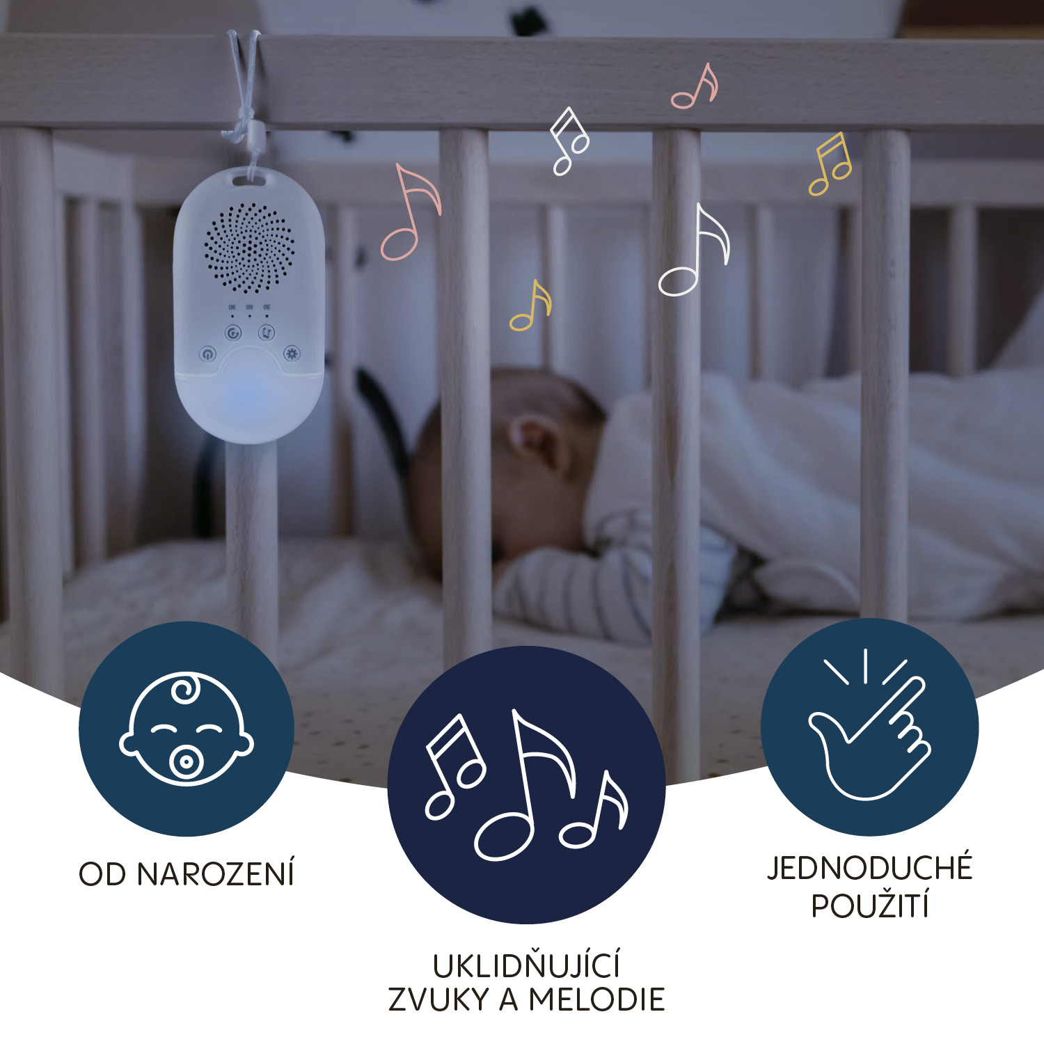 Přenosný usínací modul s LED světlem, bílým šumem a zvuky, White