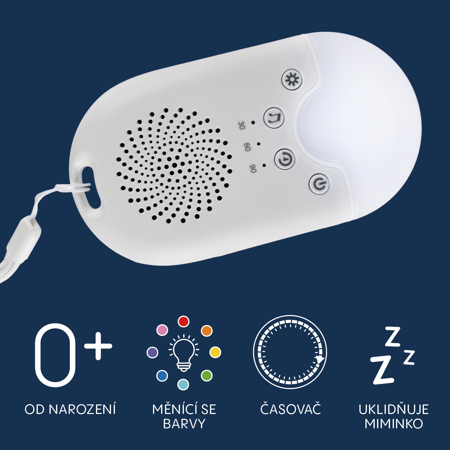 Přenosný usínací modul s LED světlem, bílým šumem a zvuky, White