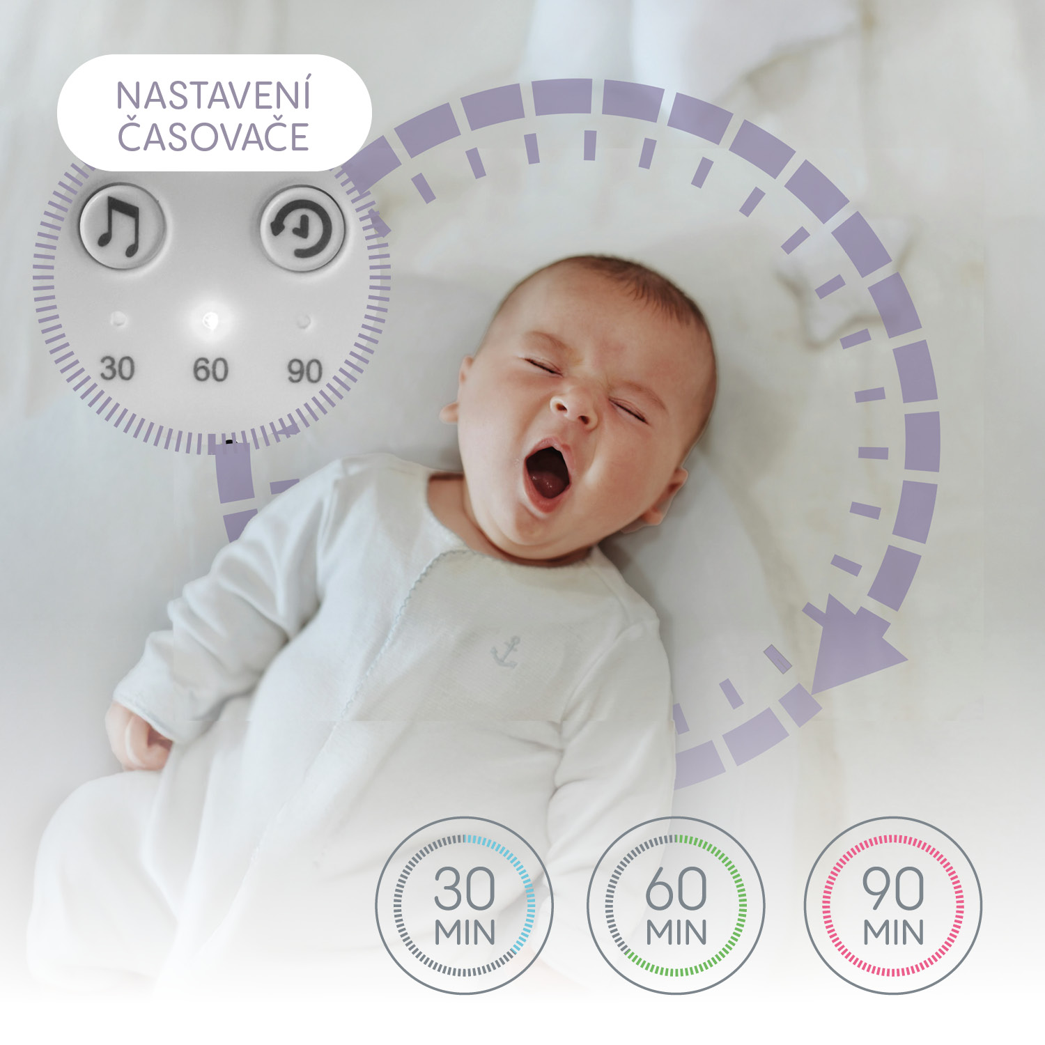 Přenosný usínací modul s LED světlem, bílým šumem a zvuky, White
