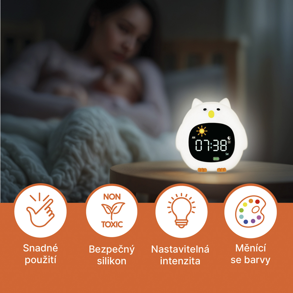 Silikonový dětský budík s nočním světlem a hudbou, Owl