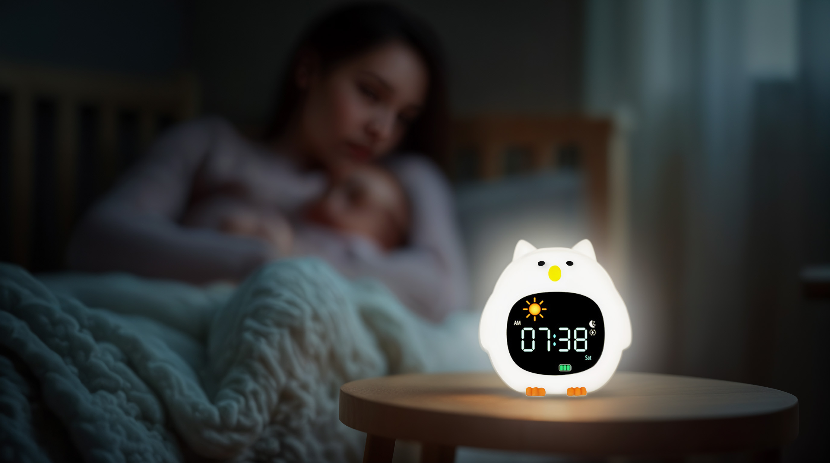 Silikonový dětský budík s nočním světlem a hudbou, Owl