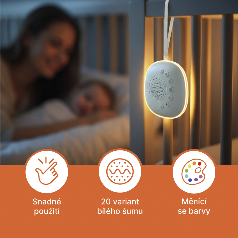 Přenosný usínací modul Premium s LED světlem, bílým šumem a zvuky, White