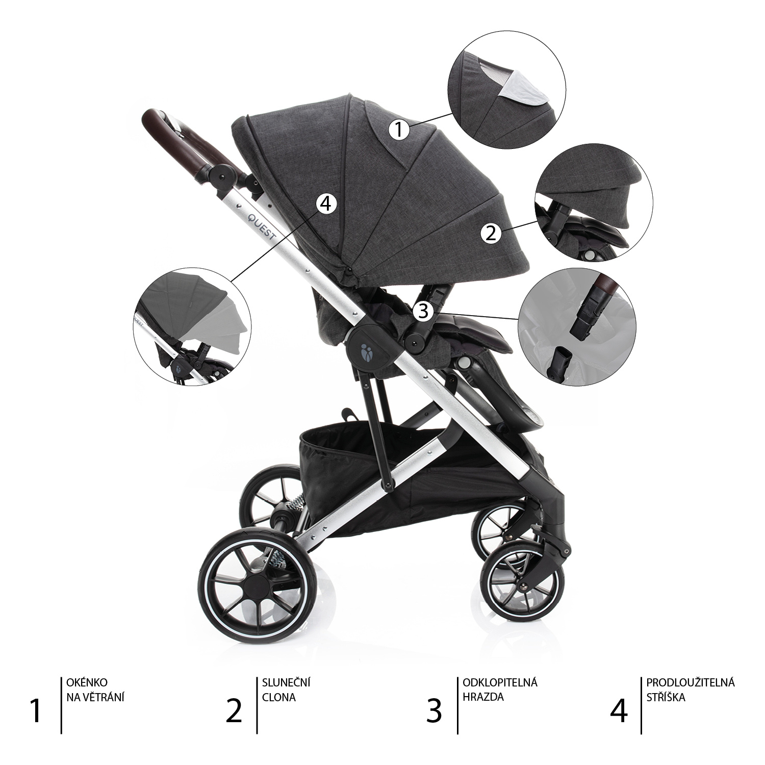 Set kočárek Quest+ korba+ adaptéry, Vulcan Black/Silver
