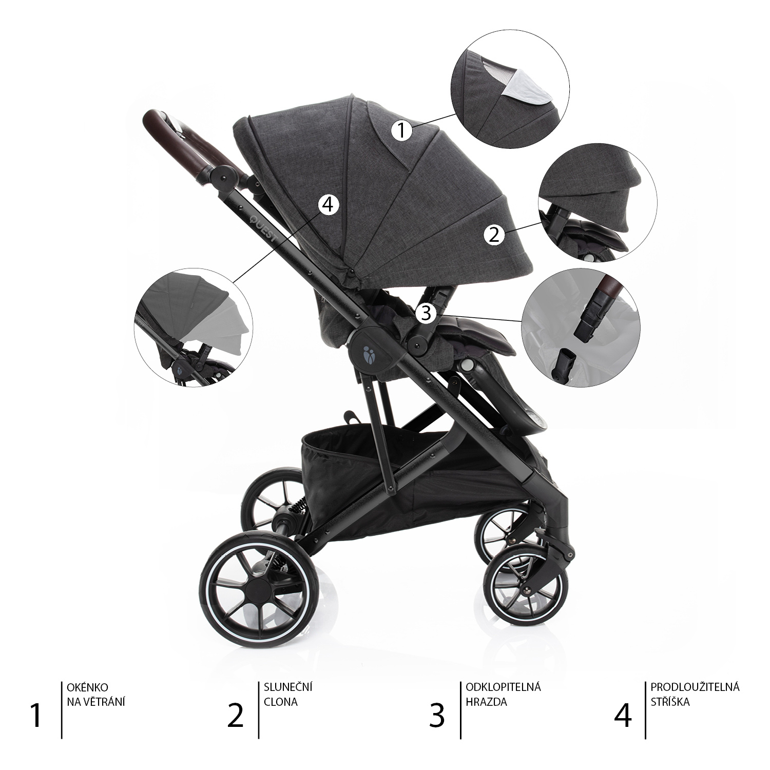 Set kočárek Quest+ korba+ adaptéry+ autosedačka, Vulcan Black/Black