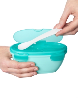 SKIP HOP Miska s lžičkou v ochranném pouzdře Easy Serve Teal 240 ml, 3 m+